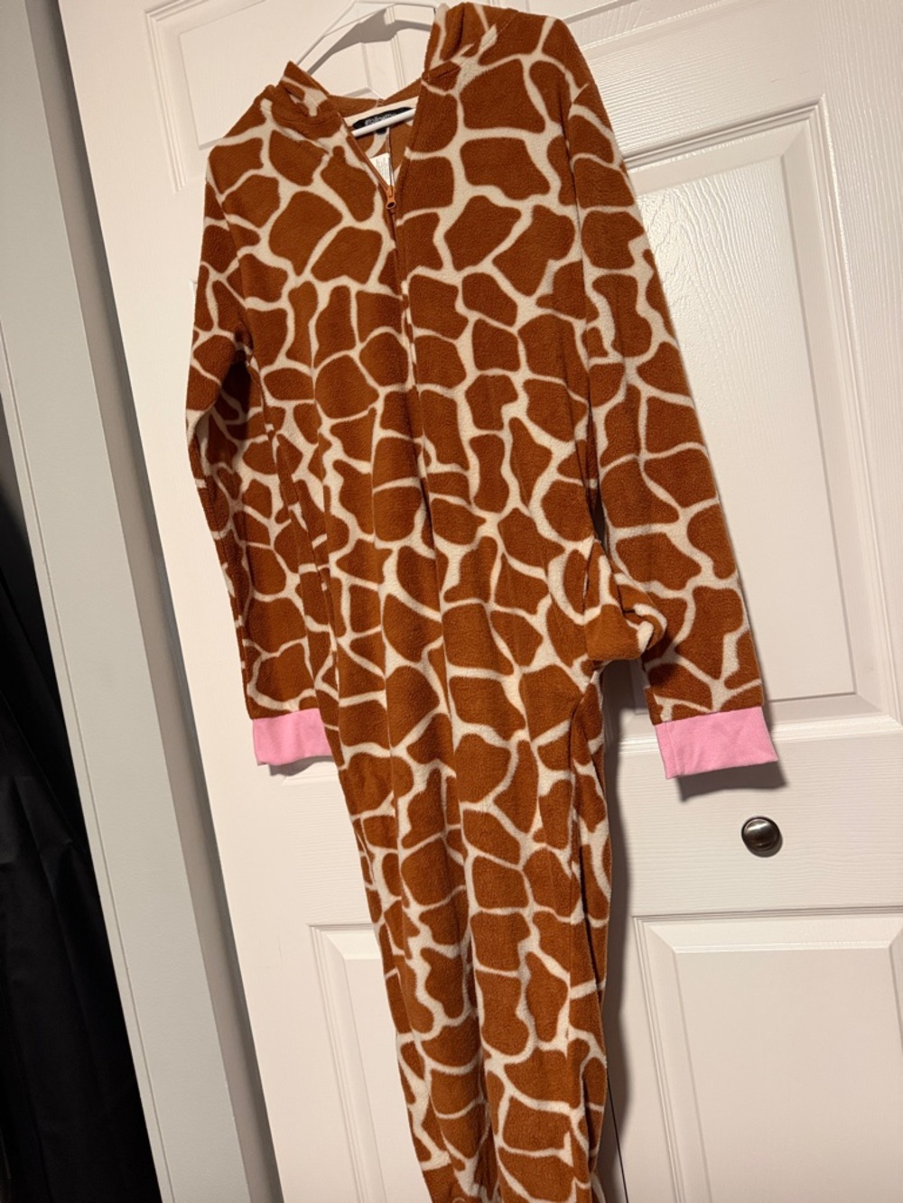 Giraffe Print Fleece Onesie with Pink Cuffs